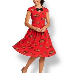 ModCloth Red Cat Animal Print Fit & Flare Dress Black Bow Detail Size Small